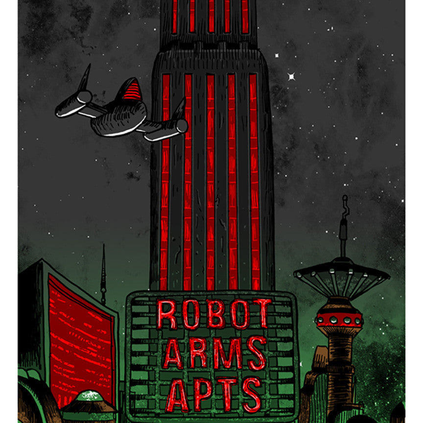 Under a starry sky, the futuristic cityscape includes the towering neon red Robot Arms Apts, with flying cars glowing green and red above. This scene is beautifully captured by Tim Doyle in a glow-in-the-dark screen print, perfect for custom framing.