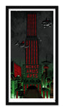 A Tim Doyle illustration of a futuristic cityscape features tall buildings, flying cars, and a dark sky. The prominent skyscraper displays red vertical lights and a ROBOT ARMS APTS sign. Custom framing enhances depth for an immersive experience.