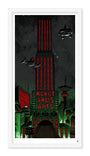 Illustration by Tim Doyle of a futuristic city at night, featuring a tall building with neon red lights reading Robot Arms Apts. Flying cars hover close by, while other structures emit a green, glow-in-the-dark brilliance under the starry sky.