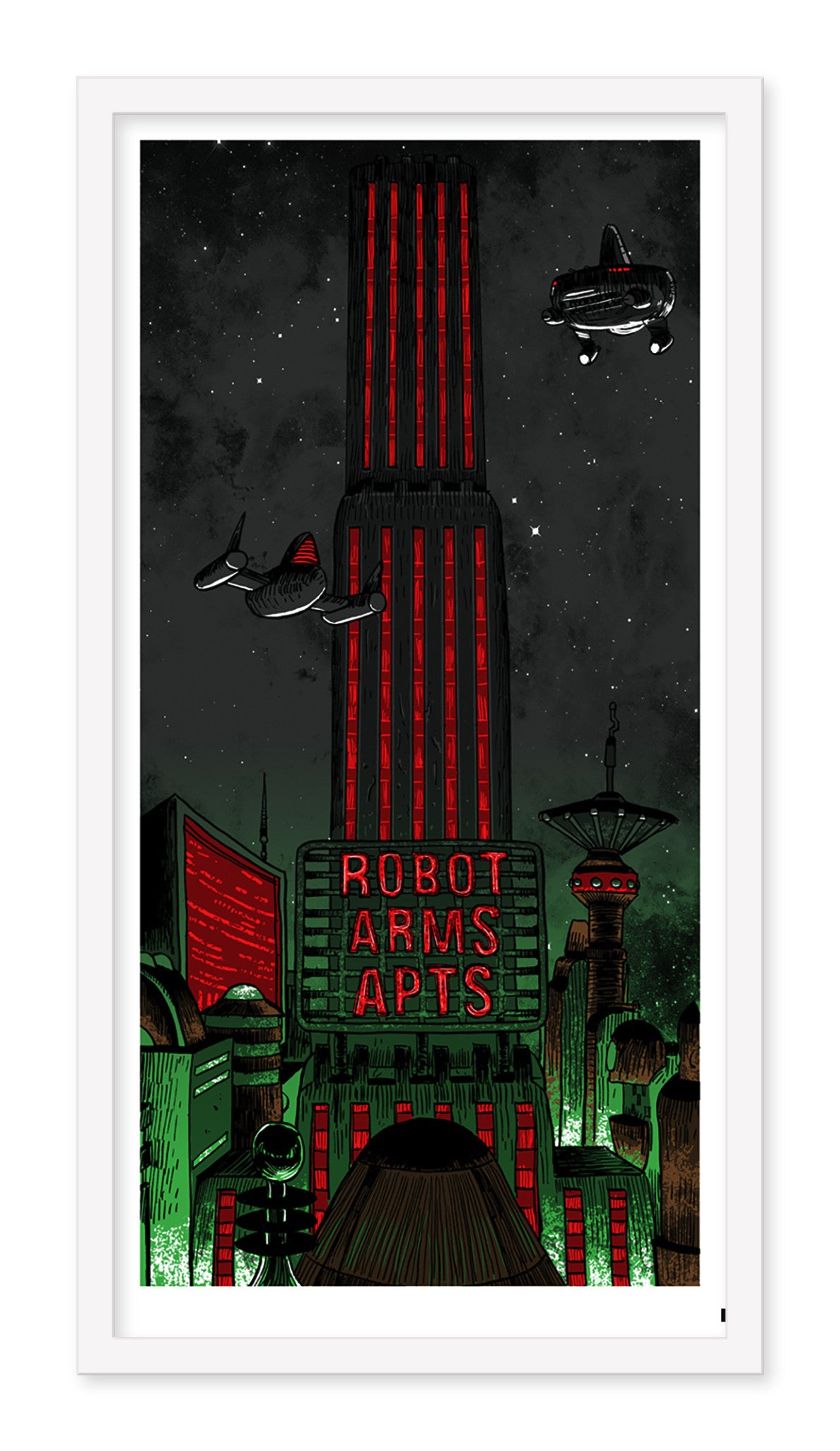 Illustration by Tim Doyle of a futuristic city at night, featuring a tall building with neon red lights reading Robot Arms Apts. Flying cars hover close by, while other structures emit a green, glow-in-the-dark brilliance under the starry sky.