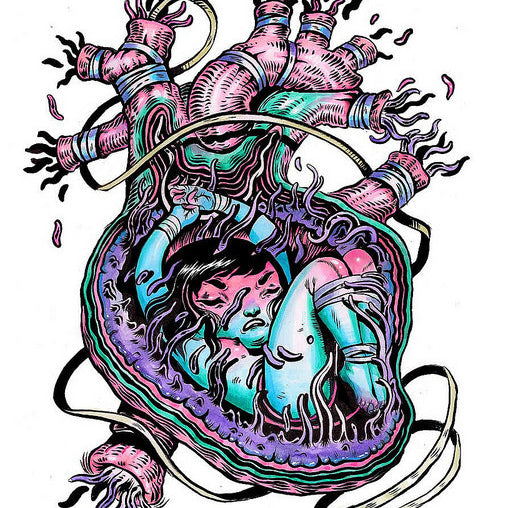 An anatomical heart illustration by Lauren YS depicts a girl curled inside, crafted with ink and acrylic. It features vibrant pinks, purples, teals, and blues with ribbon-like extensions creating a swirling embrace.