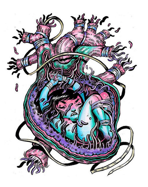 An anatomical heart illustration by Lauren YS depicts a girl curled inside, crafted with ink and acrylic. It features vibrant pinks, purples, teals, and blues with ribbon-like extensions creating a swirling embrace.