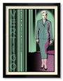 This limited edition screen print by Chuck Sperry features a vintage illustration from Alfred Hitchcocks Vertigo. It depicts a woman in a green suit and heels, framed in black, with vertical text VERTIGO and Hitchcocks name prominently displayed.