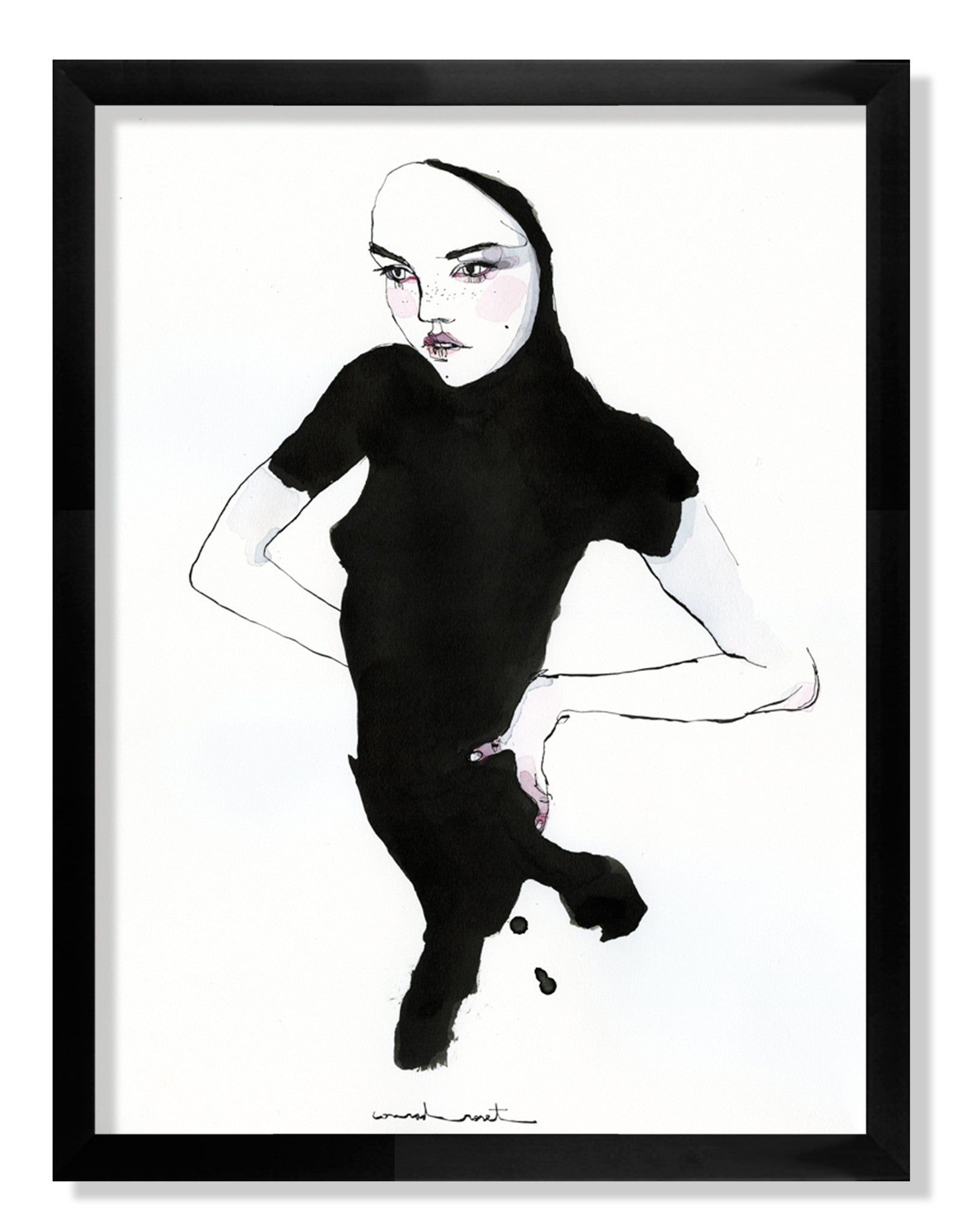 An artistic illustration by Conrad Roset depicts a person in a black outfit, hand on hip, in his signature style. It features fluid abstract lines and soft colors with India ink on a white background, framed in black.