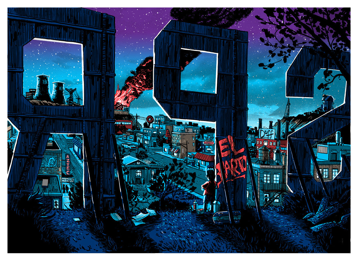 A vibrant cityscape at night is seen through large 2023 letters. Industrial buildings and a glowing train on fire light up the scene under a deep blue, starlit sky framed by trees. Red graffiti says EL BARTO, suggesting a Springfield rebellion. Artist: Tim Doyle.