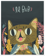 A wide-eyed cat with its tongue out, surrounded by colorful leaves and plants, is illustrated against a dark background featuring the phrase Lil Bub in playful lettering, capturing the whimsical charm of a Lil Bub art exhibit. Artwork by Lauren Gregg.