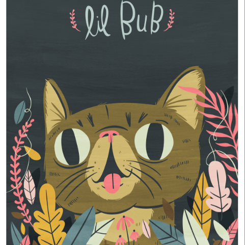 A wide-eyed cat with its tongue out, surrounded by colorful leaves and plants, is illustrated against a dark background featuring the phrase Lil Bub in playful lettering, capturing the whimsical charm of a Lil Bub art exhibit. Artwork by Lauren Gregg.