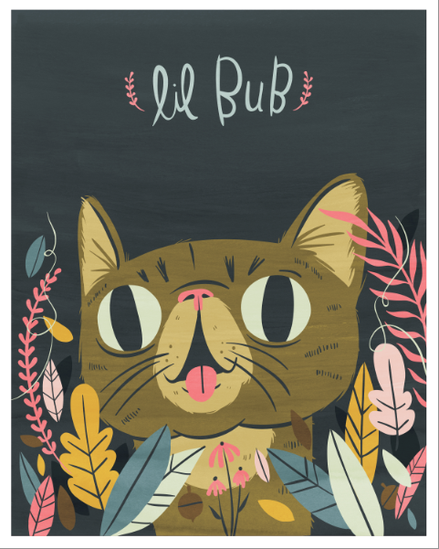 A wide-eyed cat with its tongue out, surrounded by colorful leaves and plants, is illustrated against a dark background featuring the phrase Lil Bub in playful lettering, capturing the whimsical charm of a Lil Bub art exhibit. Artwork by Lauren Gregg.