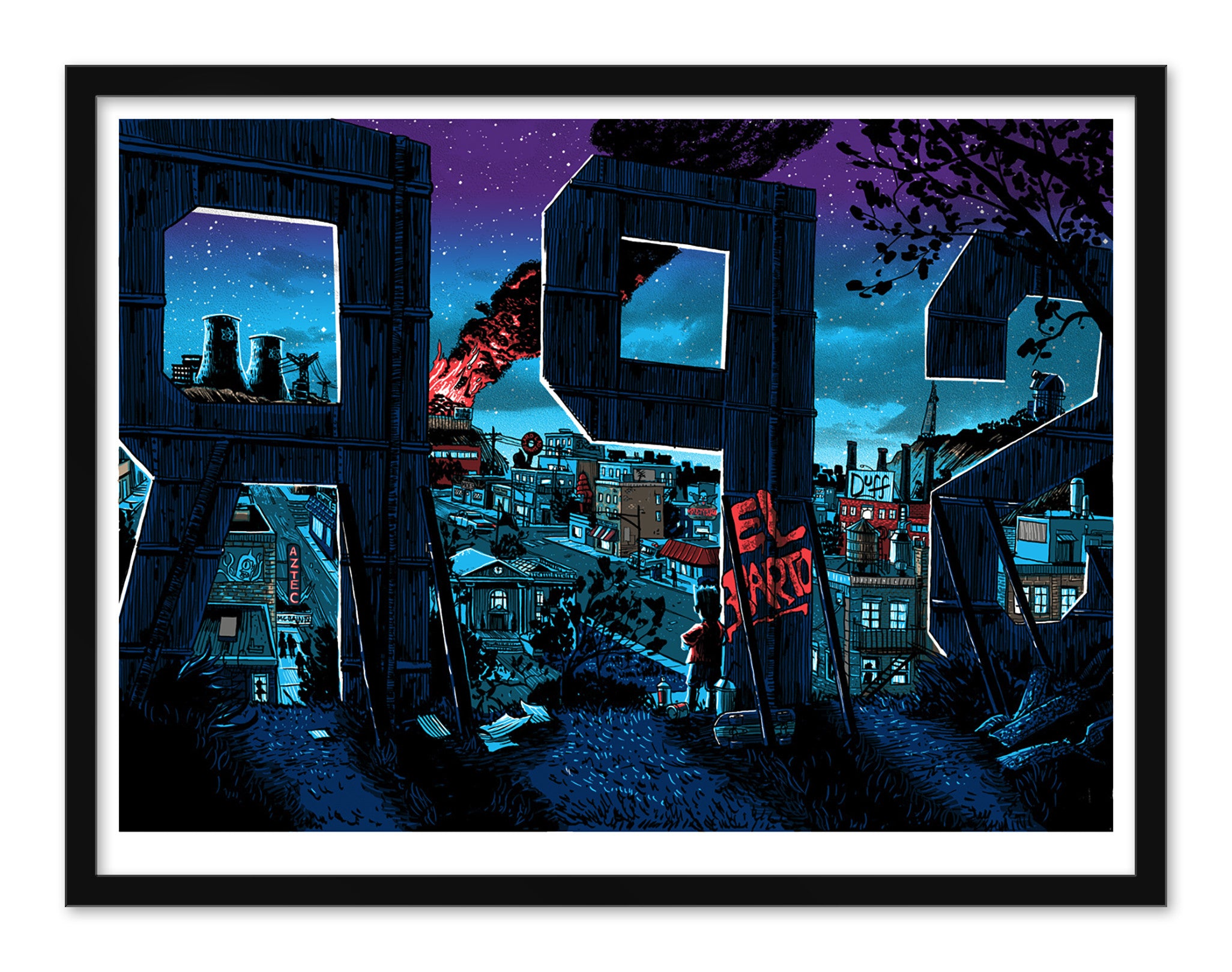 A Tim Doyle illustration shows a person spray-painting El Yard on a large wooden 2 in a Springfield cityscape, featuring rooftops, a factory with smoke, and distant buildings under a vibrant starry sky—all as if part of an exquisite glow-in-the-dark screen print.