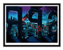 A Tim Doyle illustration shows a person spray-painting El Yard on a large wooden 2 in a Springfield cityscape, featuring rooftops, a factory with smoke, and distant buildings under a vibrant starry sky—all as if part of an exquisite glow-in-the-dark screen print.