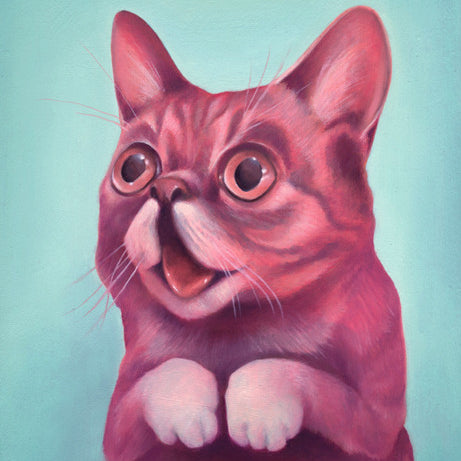 A Bennett Slater-style painting captures a surprised, wide-eyed cat with small ears and an open mouth. The Lil Bub art piece features pink and purple hues on a light teal background, with front paws endearingly raised near its chest.