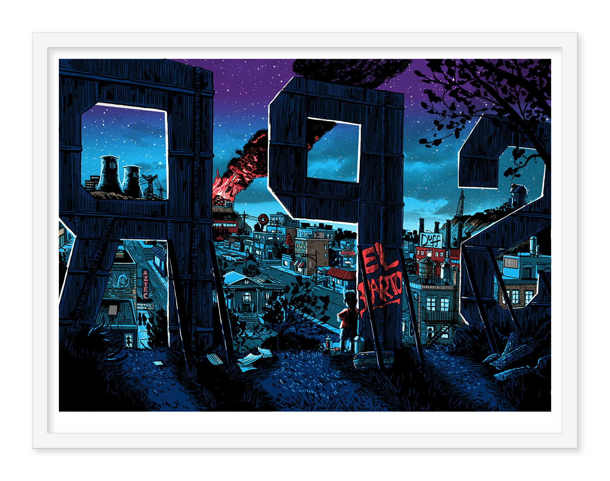Tim Doyles artwork features a starry purple sky over Springfield with a cityscape seen through large wooden 902 numbers. A person paints EL HARD on a red sign, while a tree on the right casts shadows reminiscent of glow-in-the-dark screen printing.
