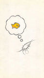 Luke Chuehs Silverfish Fantasies features a small creature, perhaps a shrimp, dreaming of a yellow fish. This framed artwork displays the creatures thought bubble on a plain light background.