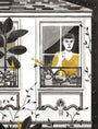 A person gazes out a window in Monica Garwood style, featuring a grayscale palette with yellow accents on the shirt and plants. Ornate black railings frame decorative elements reminiscent of Amelie Sur le Fil.