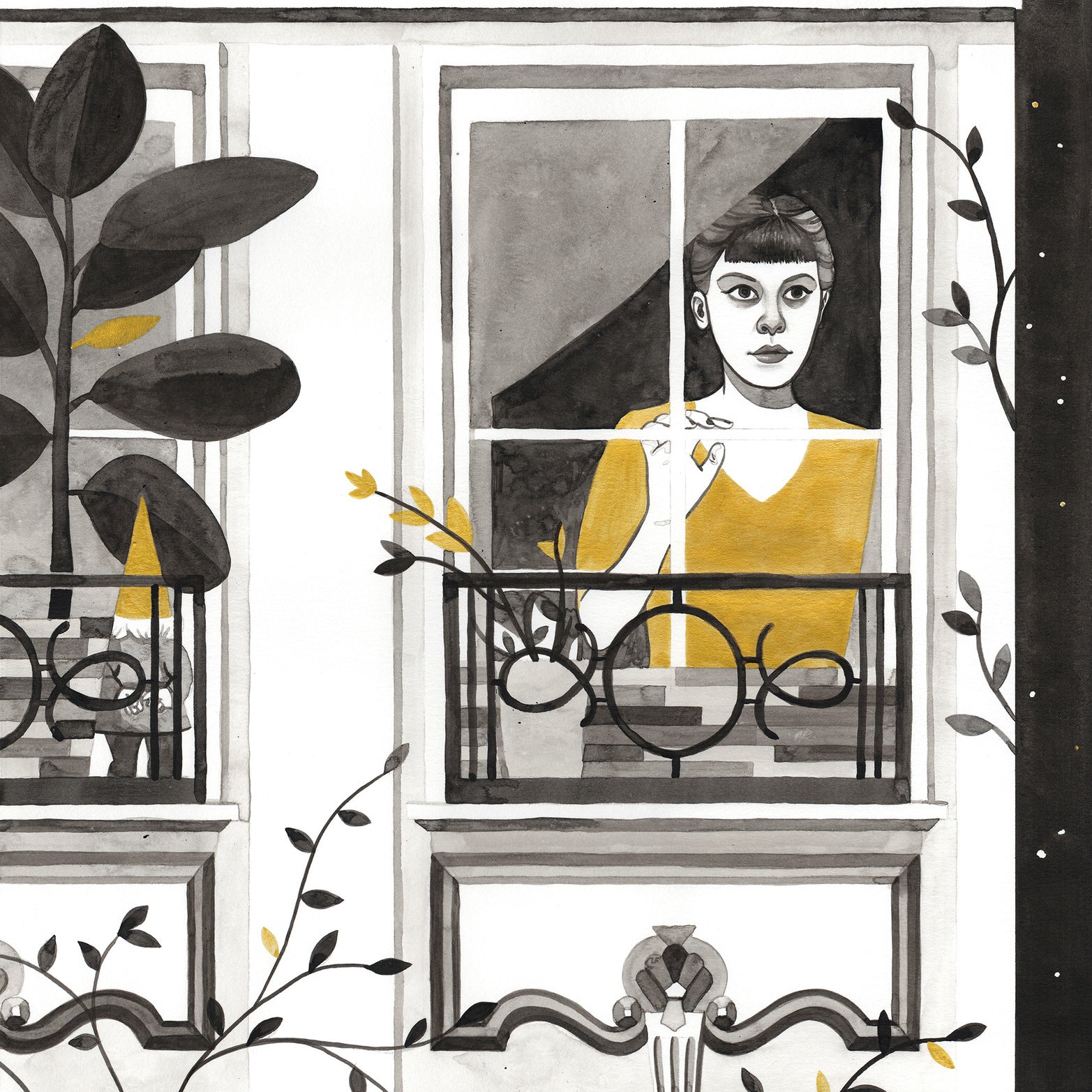 A person gazes out a window in Monica Garwood style, featuring a grayscale palette with yellow accents on the shirt and plants. Ornate black railings frame decorative elements reminiscent of Amelie Sur le Fil.