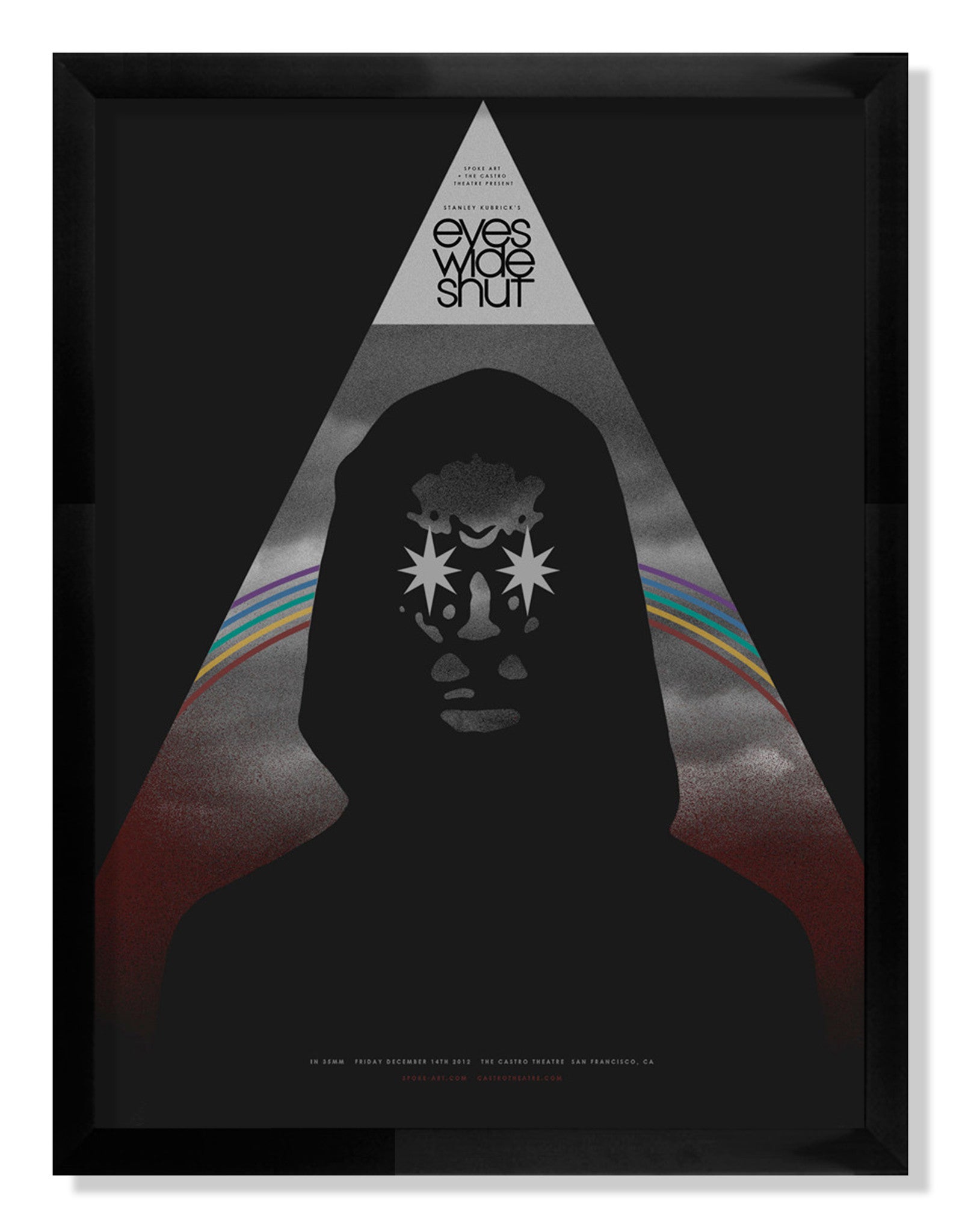 A hooded figure with a stylized mask stands silhouetted against a triangular backdrop at the Castro Theatre, stars over their eyes and a rainbow above. Text says eyes wide shut, echoing the enigmatic style of Sam Smith.