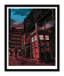 A Tim Doyle illustration shows a street scene with a police box labeled BAD WOLF in red graffiti, echoing Dr. Who art. A person stands distantly among tall, dark buildings beneath a dusky sky.