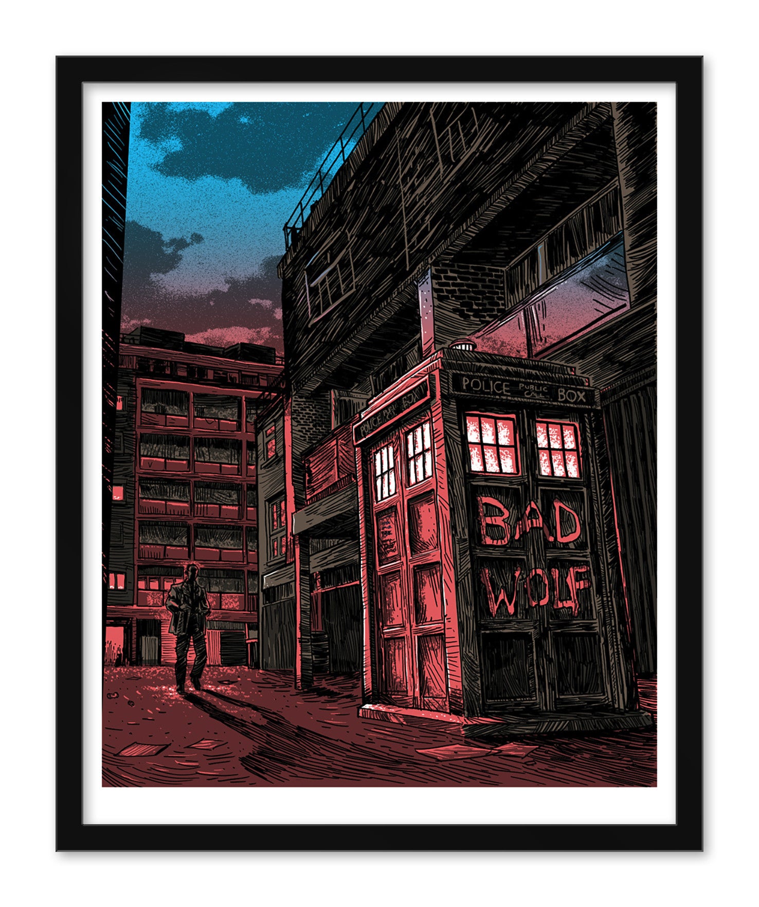 A Tim Doyle illustration shows a street scene with a police box labeled BAD WOLF in red graffiti, echoing Dr. Who art. A person stands distantly among tall, dark buildings beneath a dusky sky.