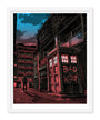 Tim Doyles comic-style illustration features a TARDIS with BAD WOLF graffiti in red, reminiscent of classic Dr. Who art, set in a dim urban alleyway under cloudy skies. Evoking Magic Box screen print vibes, a lone figure departs, casting an elongated shadow.