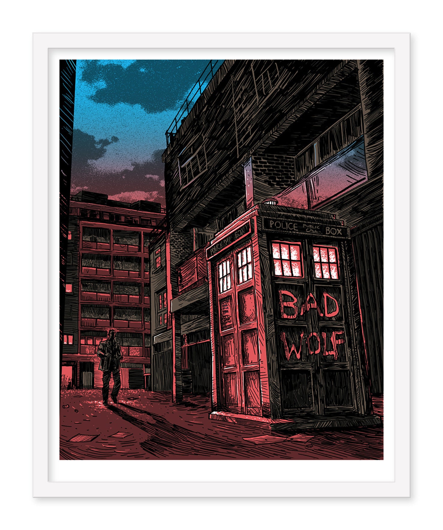 Tim Doyles comic-style illustration features a TARDIS with BAD WOLF graffiti in red, reminiscent of classic Dr. Who art, set in a dim urban alleyway under cloudy skies. Evoking Magic Box screen print vibes, a lone figure departs, casting an elongated shadow.