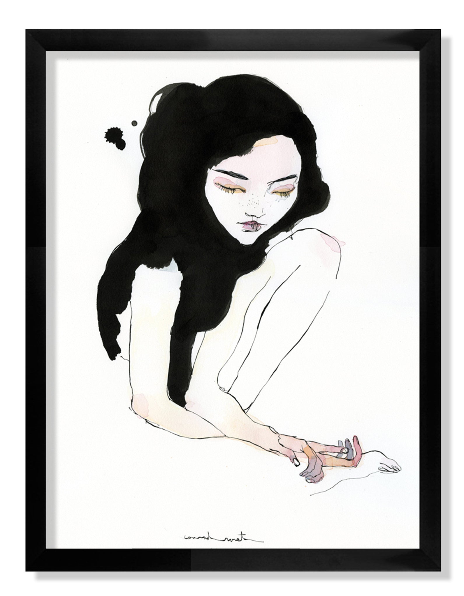 A woman with long black hair sits with her arms around her knees in this India ink and watercolor illustration by Conrad Roset. The artwork features minimal colors, with soft pink accents on the eyelids and lips, and is framed in black.