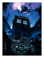 A large, weathered police telephone box like in Dr. Who stands in a graveyard of tombstones. The stormy, dark blue sky creates a mysterious, eerie vibe akin to a Tim Doyle screen print.