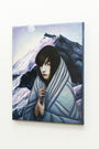 A Michael Shapcott oil painting on linen features a person with dark hair and an intense gaze, wrapped in a blue-gray cloak against purple and black mountainous Hyperballad-like scenery under a moonlit sky, with hands clasped near their face.