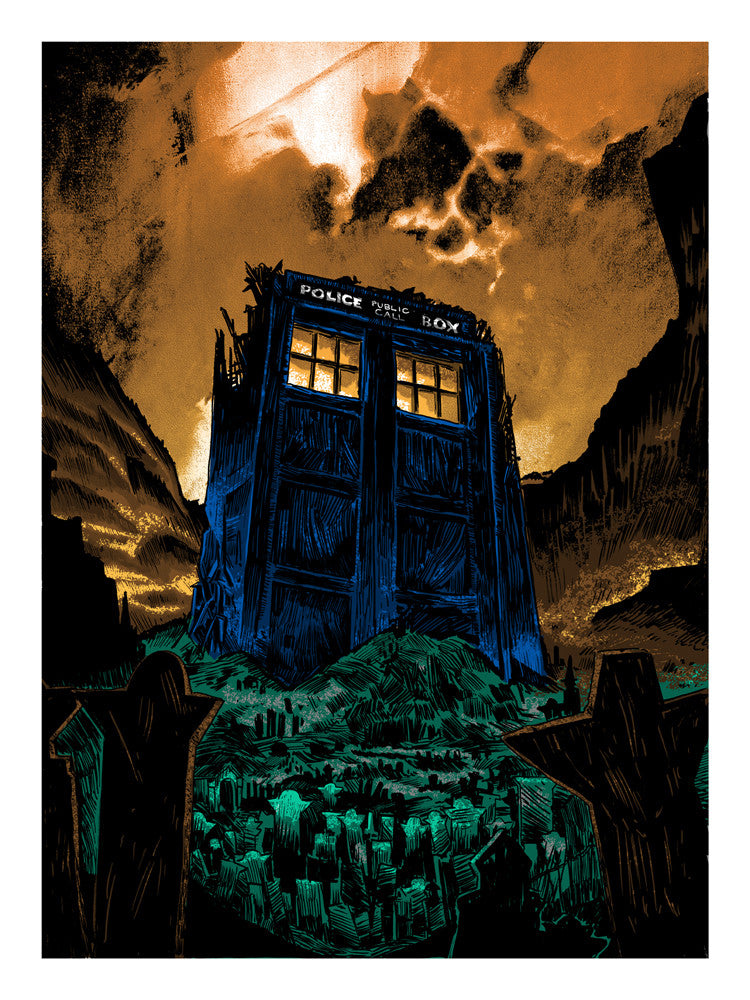 A weathered blue police box on a hilltop graveyard, with shadows stretching across tombstones, evokes Dr. Whos adventures and captures the essence of Tim Doyles enigmatic style under an orange and yellow glowing sky.
