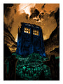 A weathered blue police box on a hilltop graveyard, with shadows stretching across tombstones, evokes Dr. Whos adventures and captures the essence of Tim Doyles enigmatic style under an orange and yellow glowing sky.