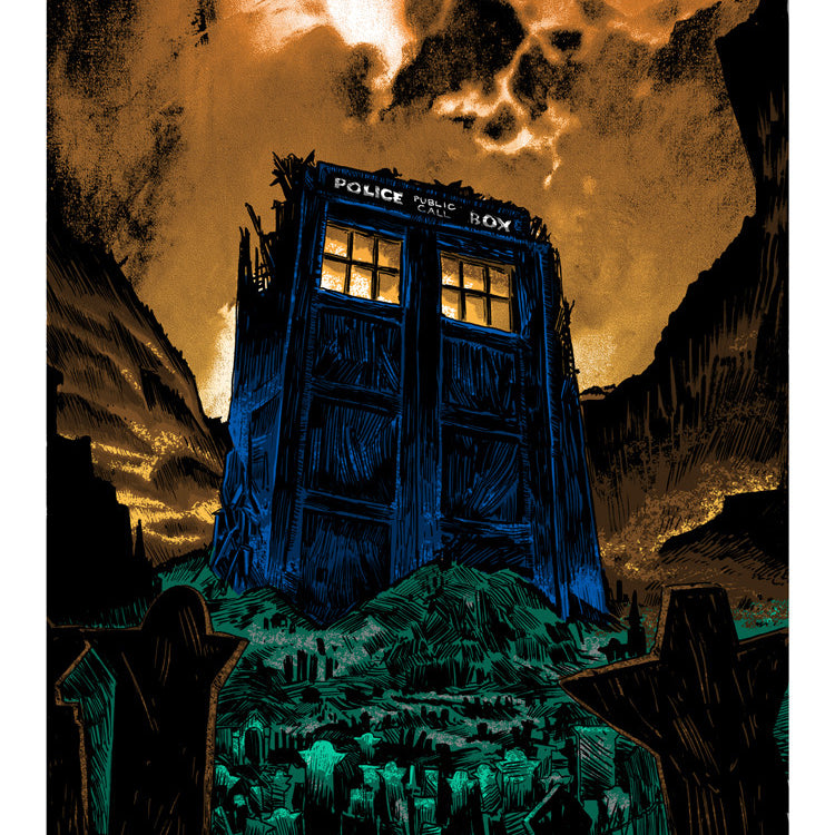 A weathered blue police box on a hilltop graveyard, with shadows stretching across tombstones, evokes Dr. Whos adventures and captures the essence of Tim Doyles enigmatic style under an orange and yellow glowing sky.