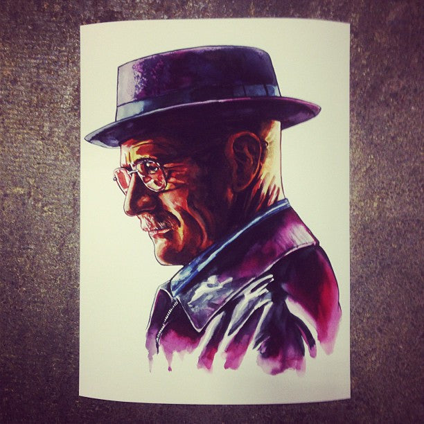 A watercolor portrait by Tim Doyle of an older man in a hat and glasses, facing left. This fine art print showcases vibrant purple and red hues on a textured background, capturing timeless elegance with every brushstroke in this limited edition piece.