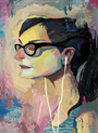 A vibrant acrylic abstract by Rich Pellegrino showcases a serene person in profile with glasses and earphones. This Spoke Art Gallery piece blends dynamic blues, pinks, and yellows on board, featuring the figure with eyes closed amidst textured hues.