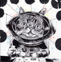 Ken Garduno presents a whimsical illustration of a cat in a space helmet and suit at a control panel, set against black circles with colorful dots, reminiscent of Lil Bub art. Ideal for limited edition posters or original paintings.