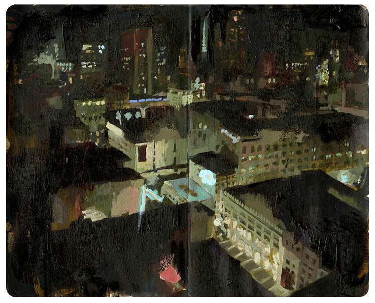 An ink and oil masterpiece by Christian MacNevin depicts a nocturnal cityscape from the Marriott, showcasing glowing buildings and streets against a luminous night sky.