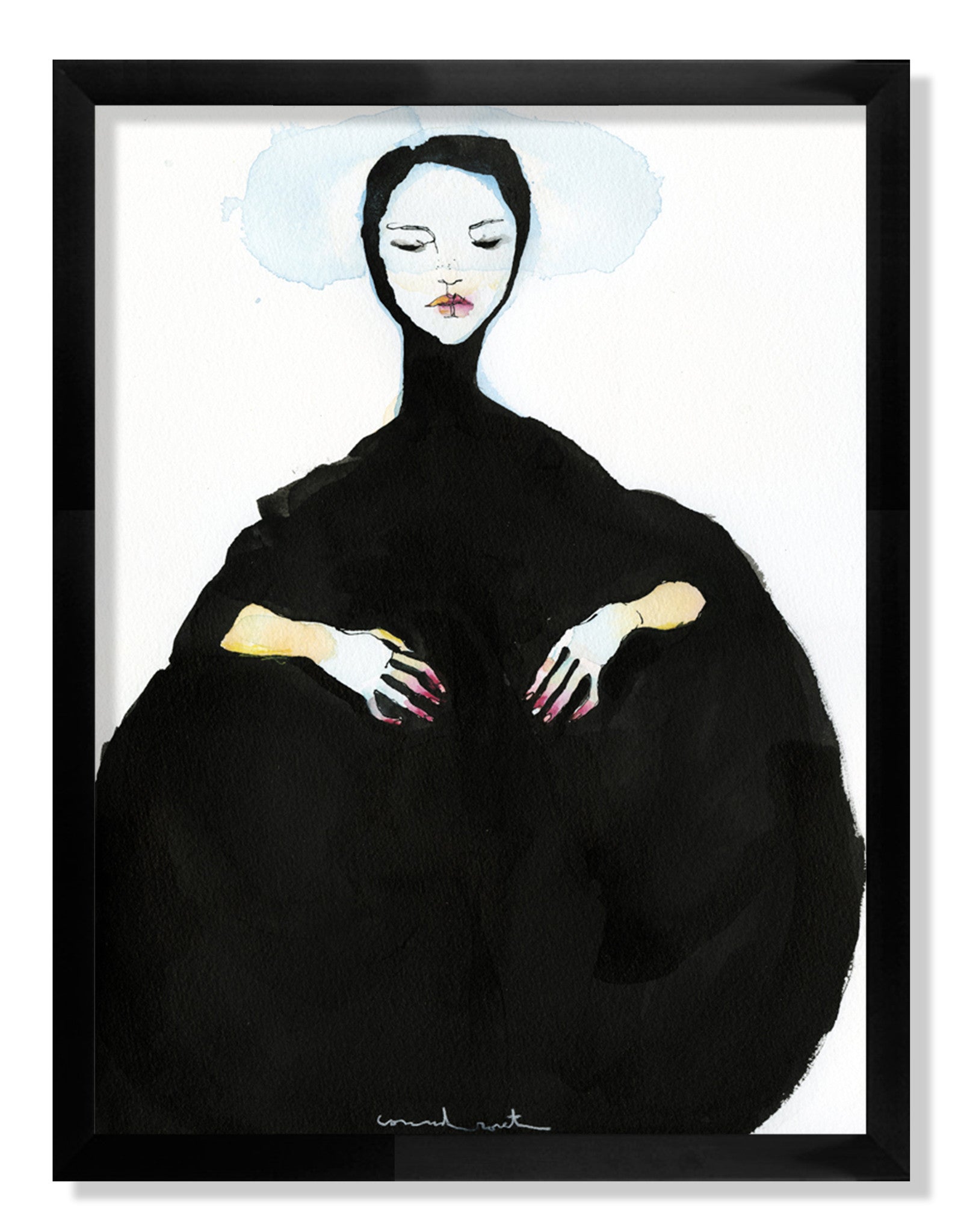 Illustration by Conrad Roset of a person in a black outfit with white hair. Created using India ink, the subjects eyes are closed, with pink lips and nails. The white background contrasts sharply with the dark attire. The artwork is framed in black.