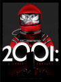 Tracie Chings 2001: A Space Odyssey screen print showcases a person in a red spacesuit set against a black and white spiral. The bold title is at the bottom, above a monolith and ape silhouettes.