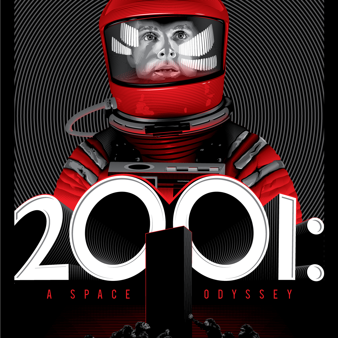 Tracie Chings 2001: A Space Odyssey screen print showcases a person in a red spacesuit set against a black and white spiral. The bold title is at the bottom, above a monolith and ape silhouettes.