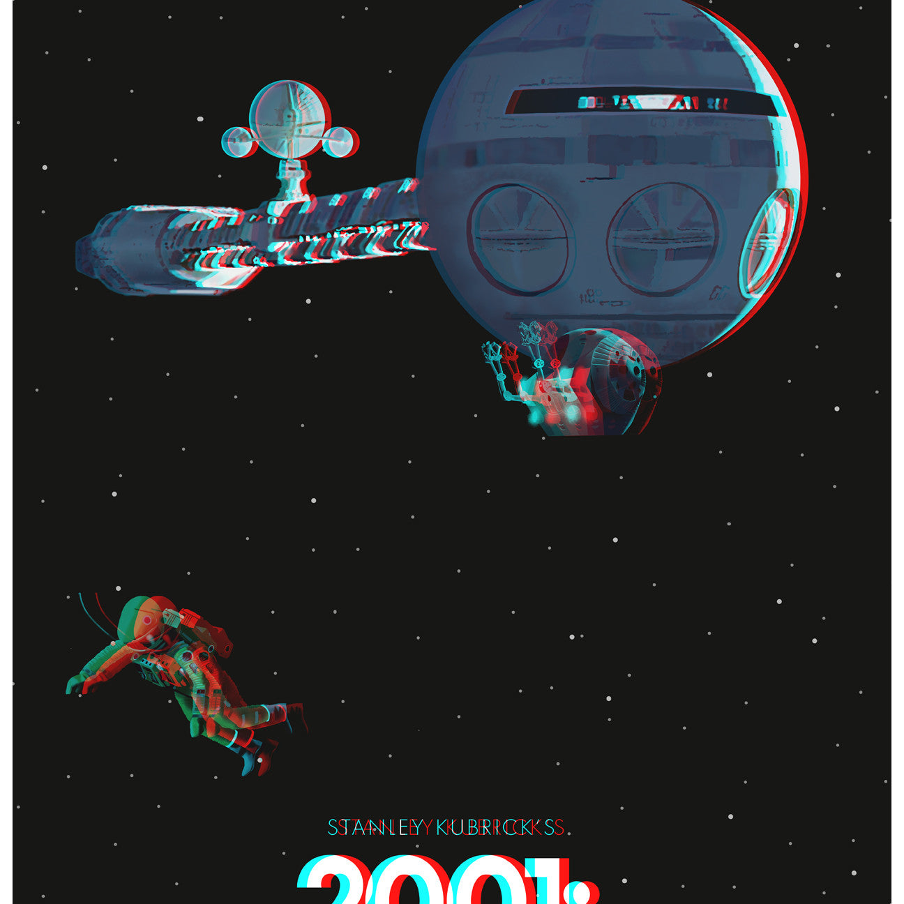 This Max Dalton limited edition of 250 fine art giclee prints features a 2001: A Space Odyssey poster, showcasing a spacecraft and astronaut drifting in space with the title boldly at the bottom, enhanced by a 3D effect against a starry backdrop.