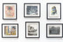 A gallery wall features six framed Kim Cogan artworks, arranged in two rows of three. The collection includes colorful abstracts, monochrome landscapes, and a photo of a person near a window, each distinct in style and medium.