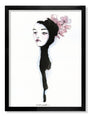 This minimalist watercolor illustration, resembling Conrad Rosets style, depicts a woman in a long black flowing garment with pink flowers in her hair. Set against a stark white background for contrast, the artwork is elegantly framed in black.