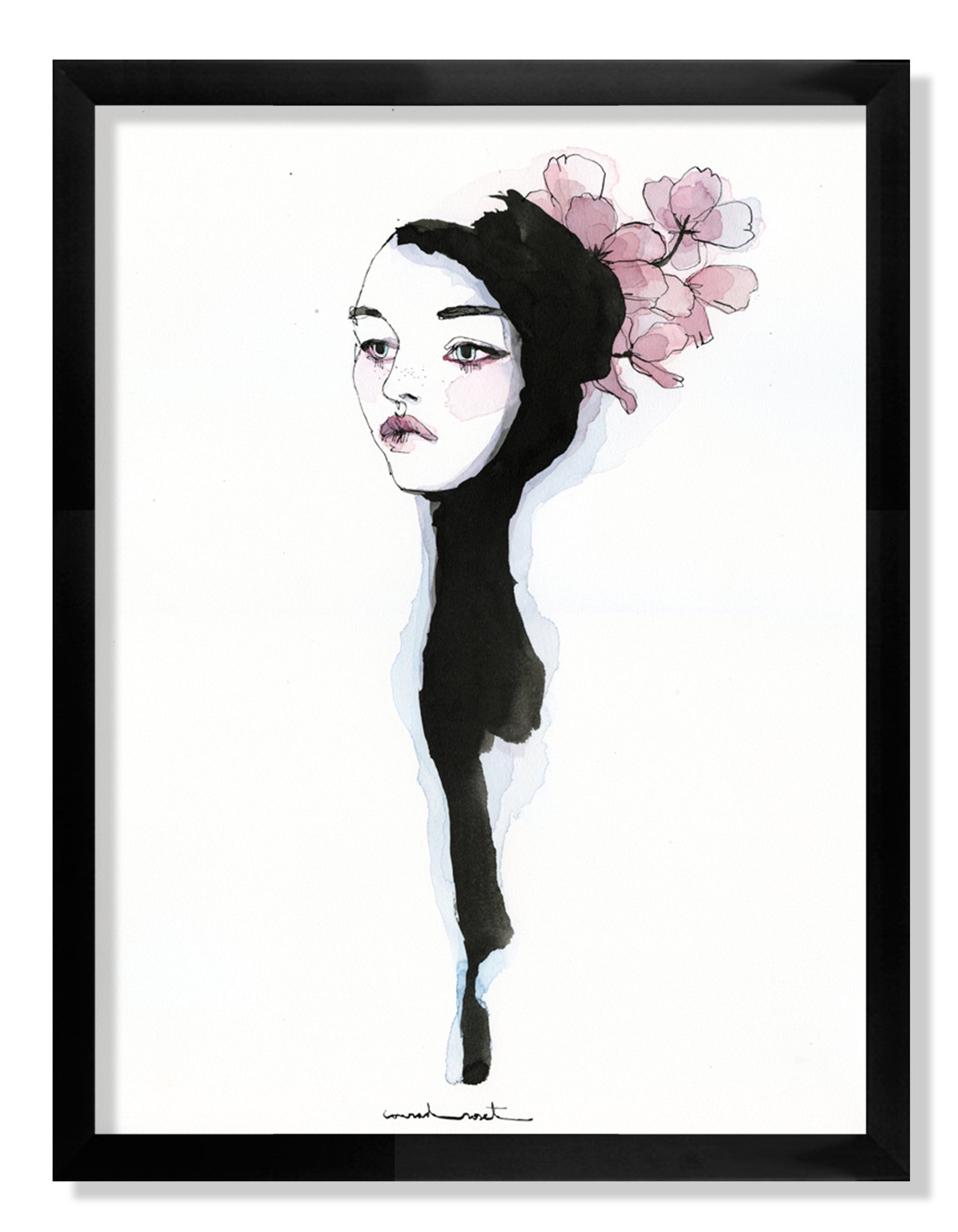 This minimalist watercolor illustration, resembling Conrad Rosets style, depicts a woman in a long black flowing garment with pink flowers in her hair. Set against a stark white background for contrast, the artwork is elegantly framed in black.