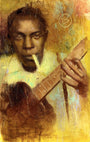 This Rod Luff-inspired painting depicts a guitarist at the crossroads, their intense focus highlighted against textured brushstrokes. A cigarette between their lips enhances the ambiance, while the oil and pastel on paper technique delivers warm tones for an expressive feel.