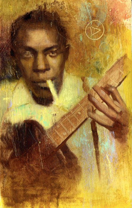 This Rod Luff-inspired painting depicts a guitarist at the crossroads, their intense focus highlighted against textured brushstrokes. A cigarette between their lips enhances the ambiance, while the oil and pastel on paper technique delivers warm tones for an expressive feel.