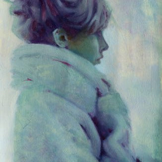 A stylized Rod Luff-inspired painting of a woman in profile, wrapped in a fluffy coat. Her hair is elegantly in a bun, captured with framed oils and pencil. The palette is soft and cool, featuring shades of purple, blue, and frosty green accents.