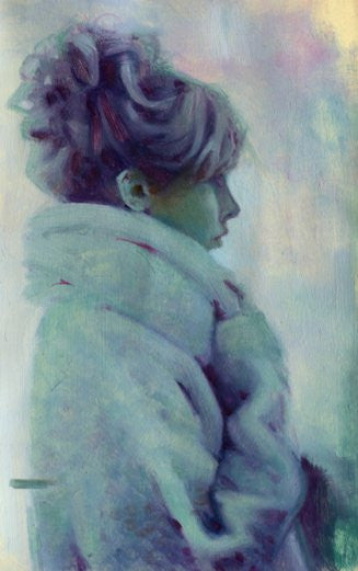 A stylized Rod Luff-inspired painting of a woman in profile, wrapped in a fluffy coat. Her hair is elegantly in a bun, captured with framed oils and pencil. The palette is soft and cool, featuring shades of purple, blue, and frosty green accents.