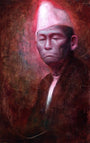 This Rod Luff framed art from Spoke Art Gallery showcases a serene figure in a white pointed hat and dark attire, set against a textured brown and red backdrop, with lighting that adds a pinkish hue to their expressionless face.