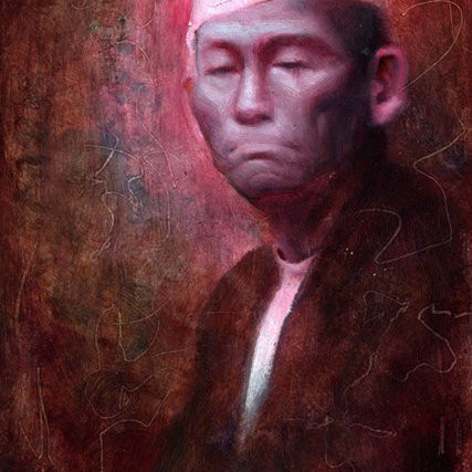 This Rod Luff framed art from Spoke Art Gallery showcases a serene figure in a white pointed hat and dark attire, set against a textured brown and red backdrop, with lighting that adds a pinkish hue to their expressionless face.