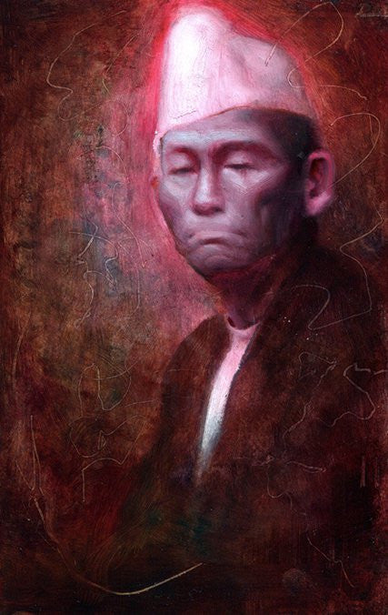 This Rod Luff framed art from Spoke Art Gallery showcases a serene figure in a white pointed hat and dark attire, set against a textured brown and red backdrop, with lighting that adds a pinkish hue to their expressionless face.