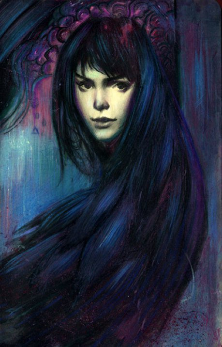A digital painting titled Raven by Rod Luff showcases a mysterious woman with flowing dark hair and piercing eyes. Displayed at Spoke Art Gallery, her hair merges into a vibrant abstract background of blue and purple, creating a dreamy, ethereal atmosphere.