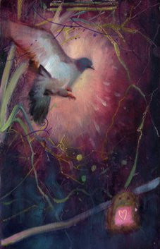 A mystical scene features two birds soaring against a vibrant, swirling backdrop in purple, pink, and blue hues. A glowing heart-shaped light nestles among abstract branches below. This artwork is a beautiful example of the creativity of Rod Luff.